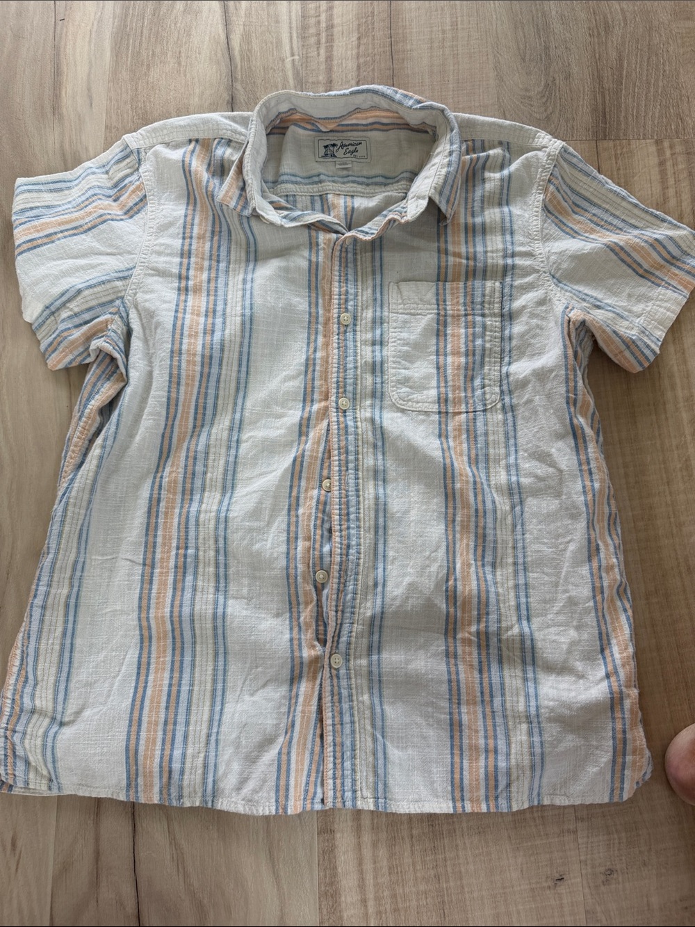 Boys Short-Sleeve Button-Up Shirt - Blue & Peach Stripe